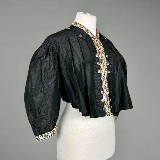 Antique 1900s Edwardian Black Silk Eton Jacket with Embroidered Trim, Folk-Influenced Historic Costume, M–L