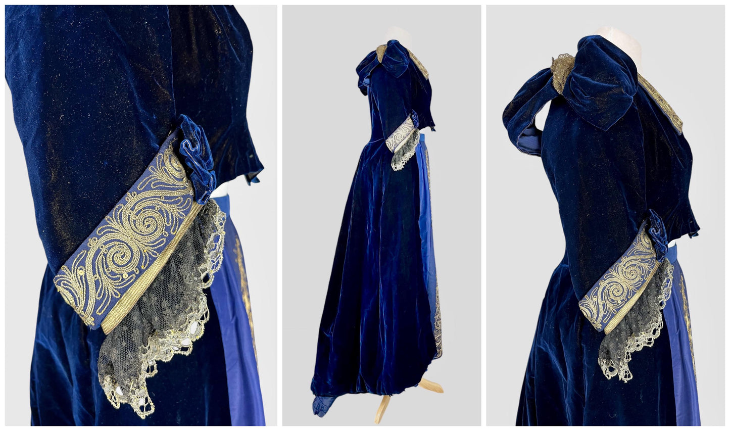 Antique Victorian Sapphire Blue Velvet Skirt & Cutaway Bodice Jacket with Gold Bullion Soutache Embroidery, Historical Costume, Medium