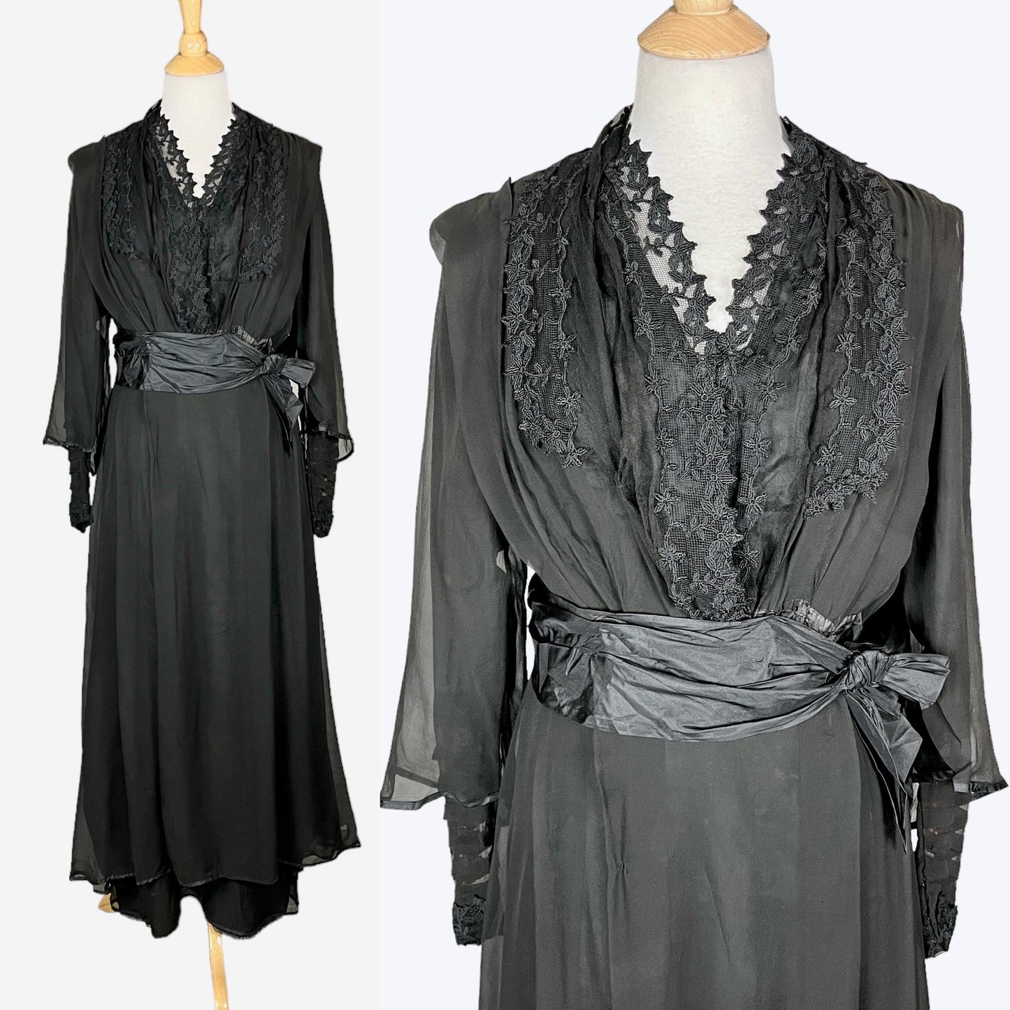 Antique Edwardian 1910s Black Silk Chiffon Embroidered Net Dress with Tiered Sleeves, Medium