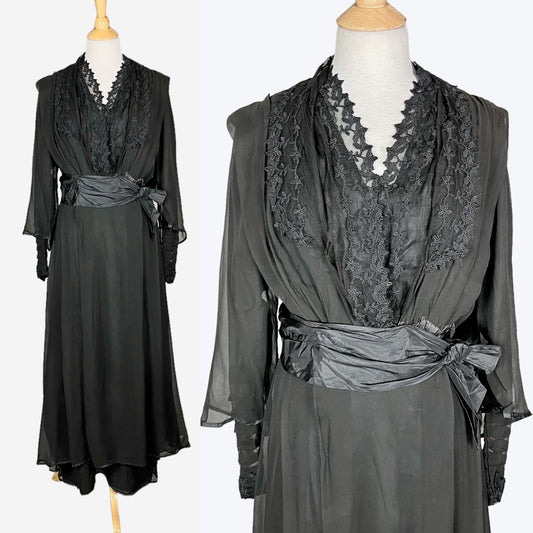 Antique Edwardian 1910s Black Silk Chiffon Embroidered Net Dress with Tiered Sleeves, Medium