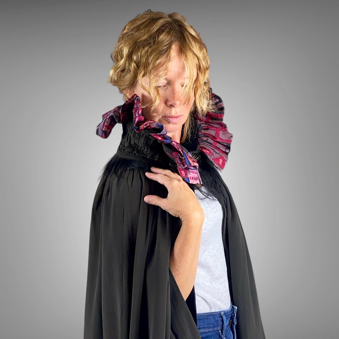 Vintage 1920s Geometric Batik Print Silk Opera Cape with Rhinestone Deco Clasp