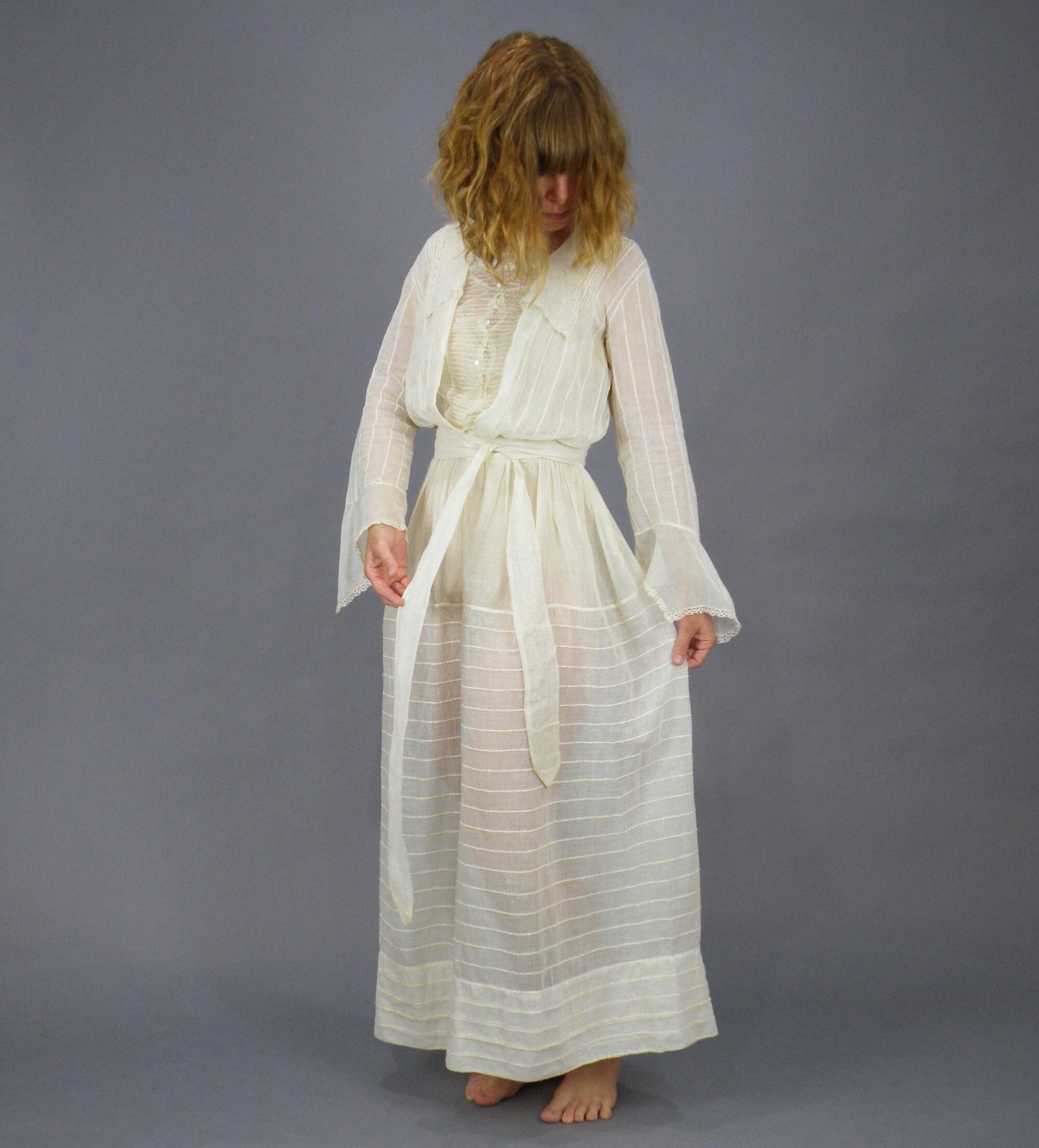 Antique 1900s Edwardian Sheer Cotton Net Day Dress with Bell Sleeves, XS