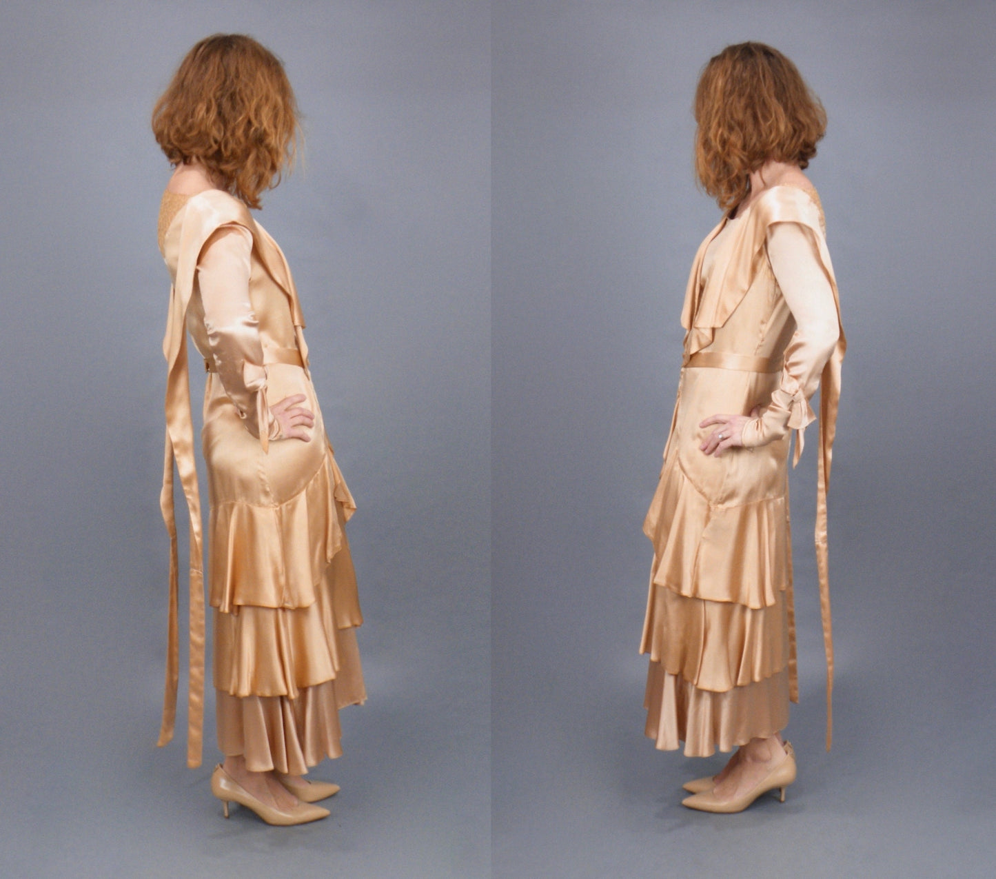 Vintage Late 1920s–Early 1930s Rose Gold Satin & Lace Tiered Evening Dress with Bow-Tie Sleeves, XS