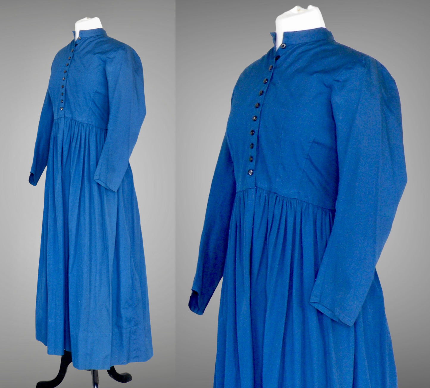 Antique Edwardian 1900s Blue Mennonite Pioneer Dress Set, Split Cape & Apron, Medium 29" Waist