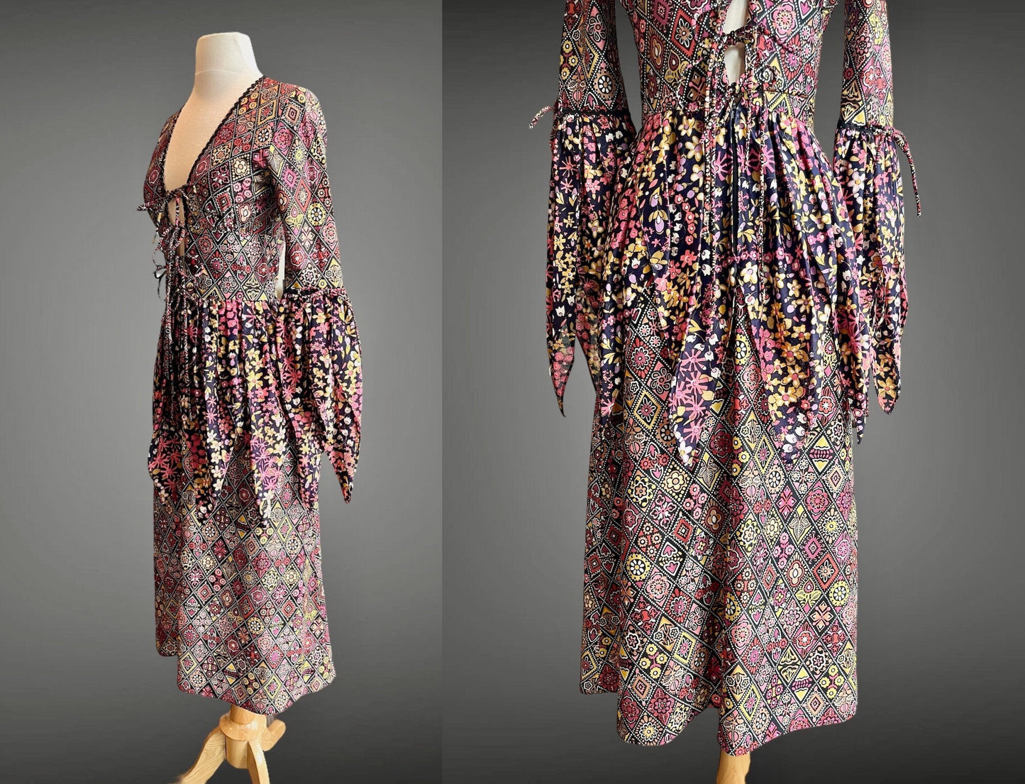 Vintage 1960s Floral Tie Plunging Neckline Woodstock Dress with Petal Sleeves & Peplum, XS