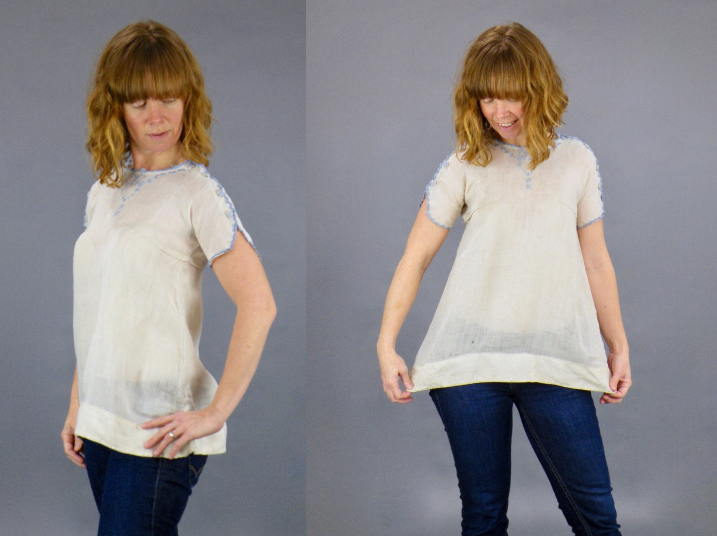 Late 1910s–Early 1920s Embroidered Blouse with Shoulder Button Snaps, XS