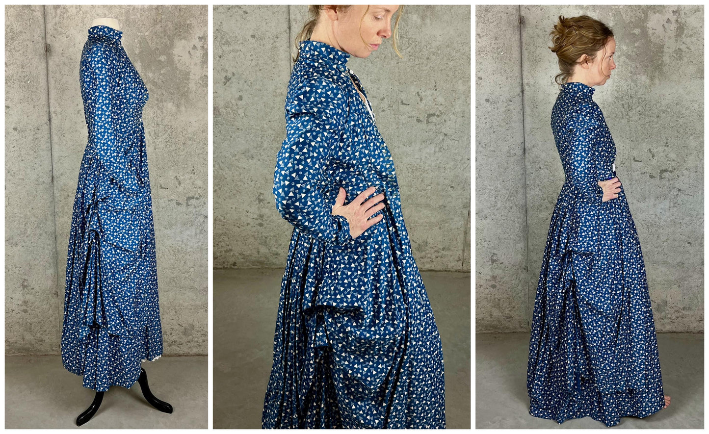 Rare Antique Victorian Polonaise Dress, 1870s–1880s Indigo Printed Cotton Two-Piece Ensemble, XXS
