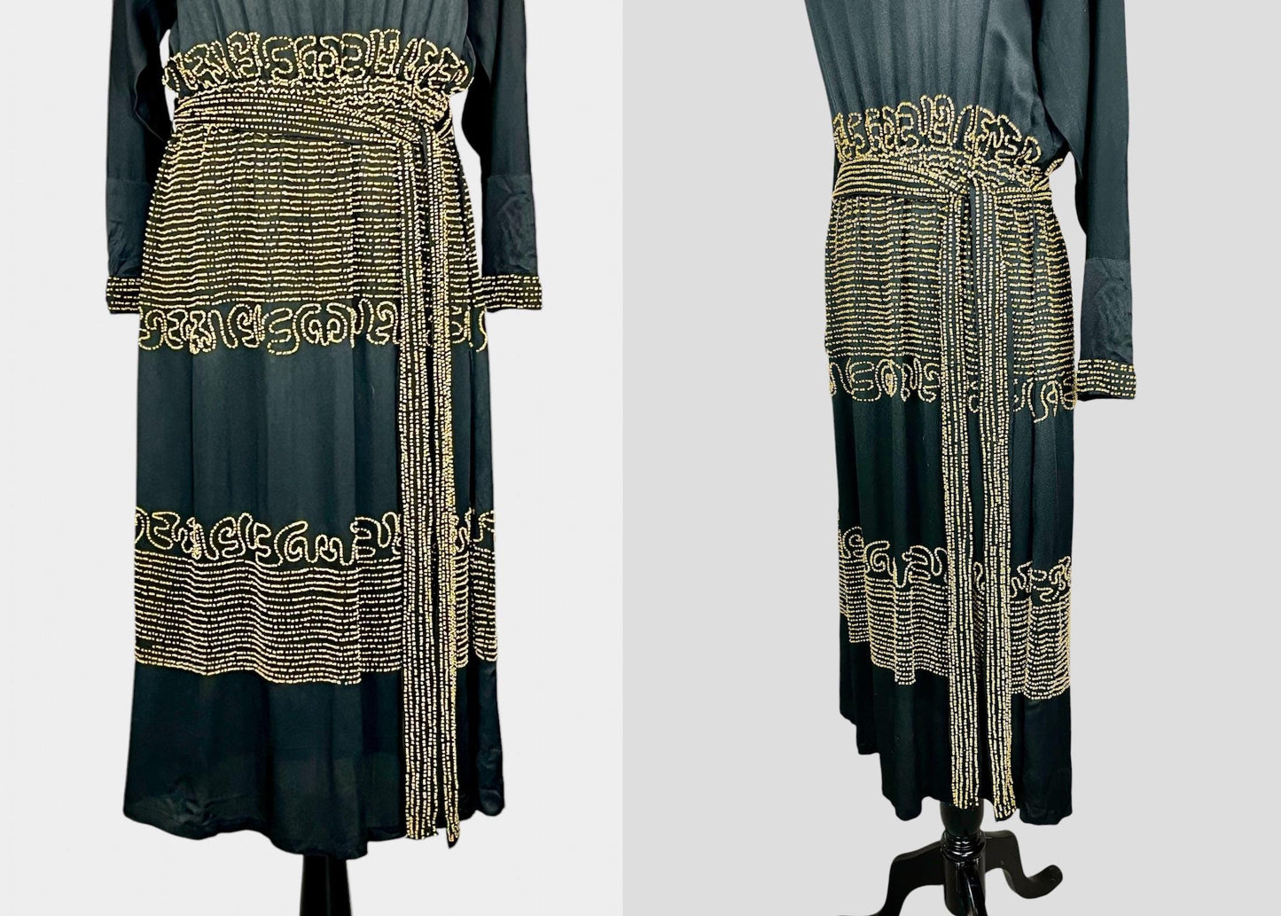 Vintage 1920s Black Silk Gold Beaded Dress with Belt, Art Deco 20s, S/M–M