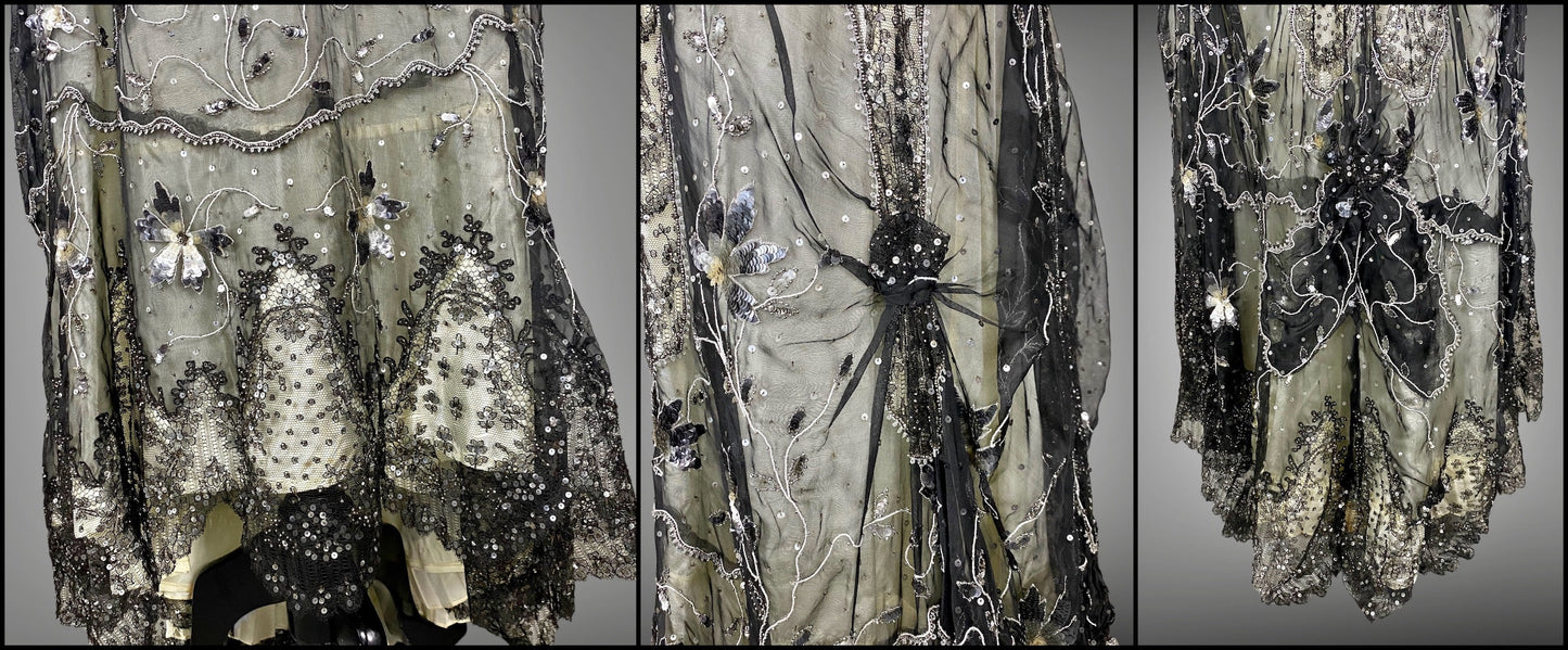 Antique Edwardian Early 1900s Sequined Silk Chantilly Lace Dress, Trained Skirt, Small