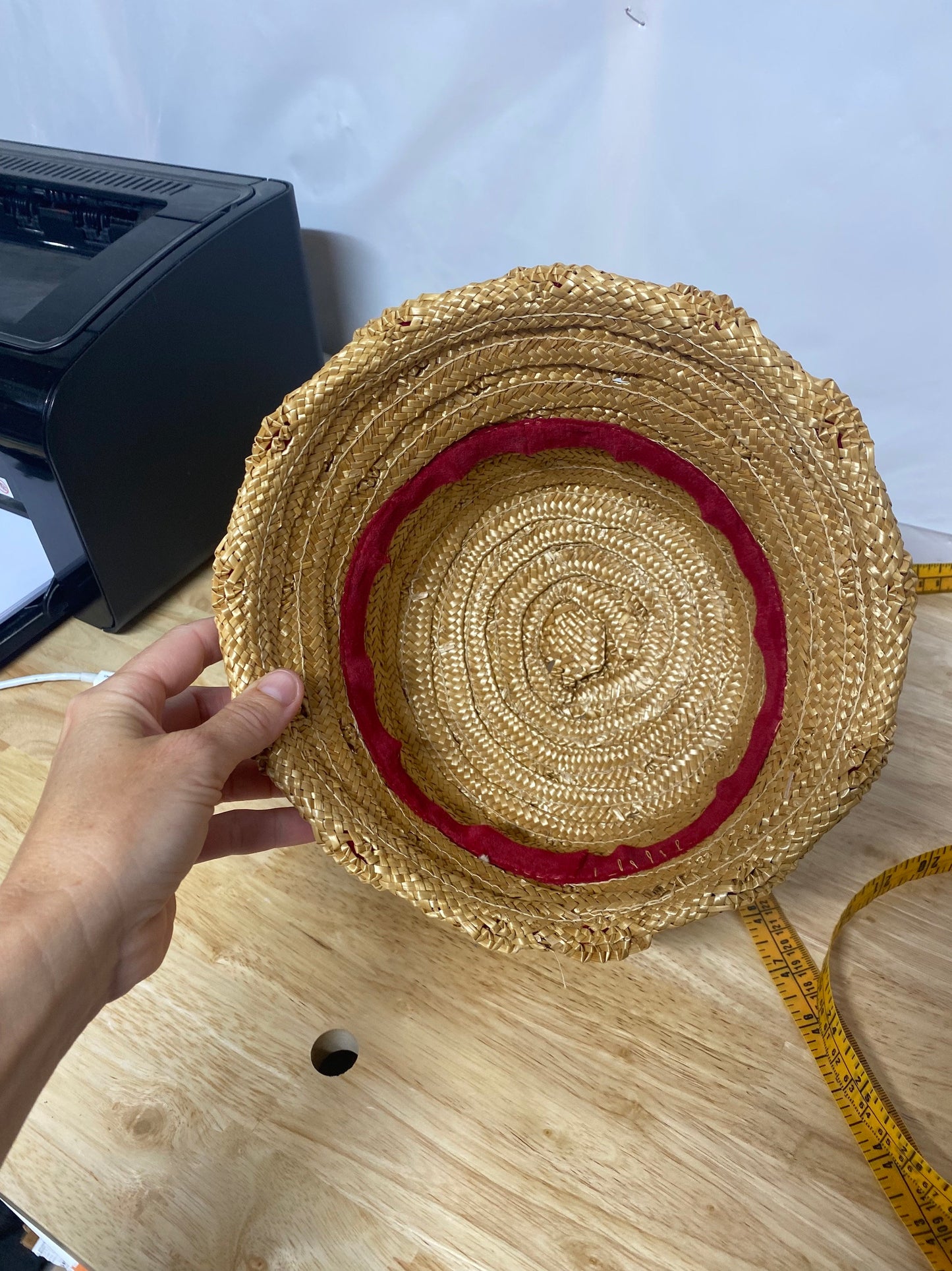 Vintage 1930s Straw Cloche Bucket Hat with Red Velvet Trim