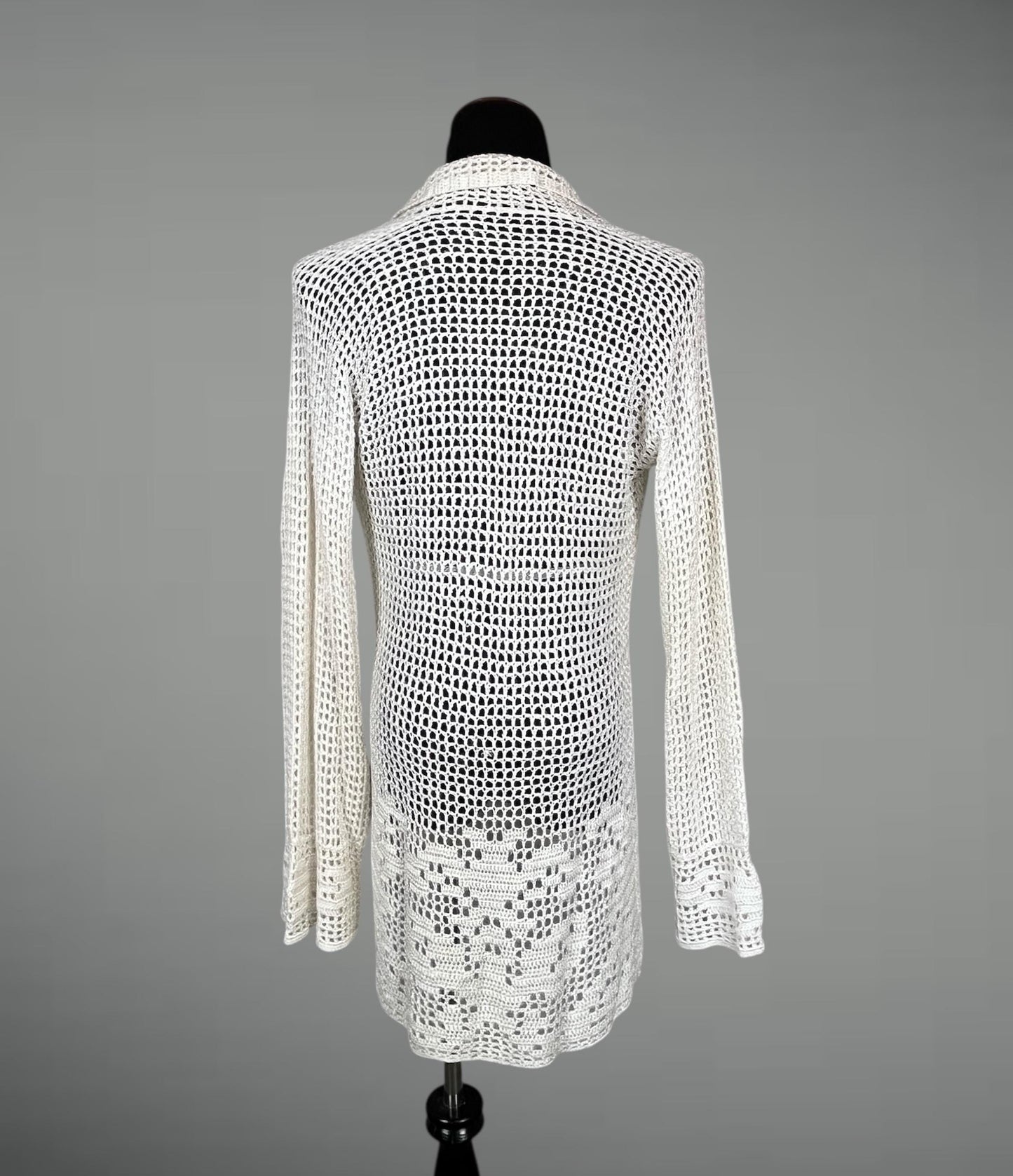 Antique 1920s Hand Crochet Filet Lace Tunic Sweater, Deep-V Openwork, Wool Rayon, M–L