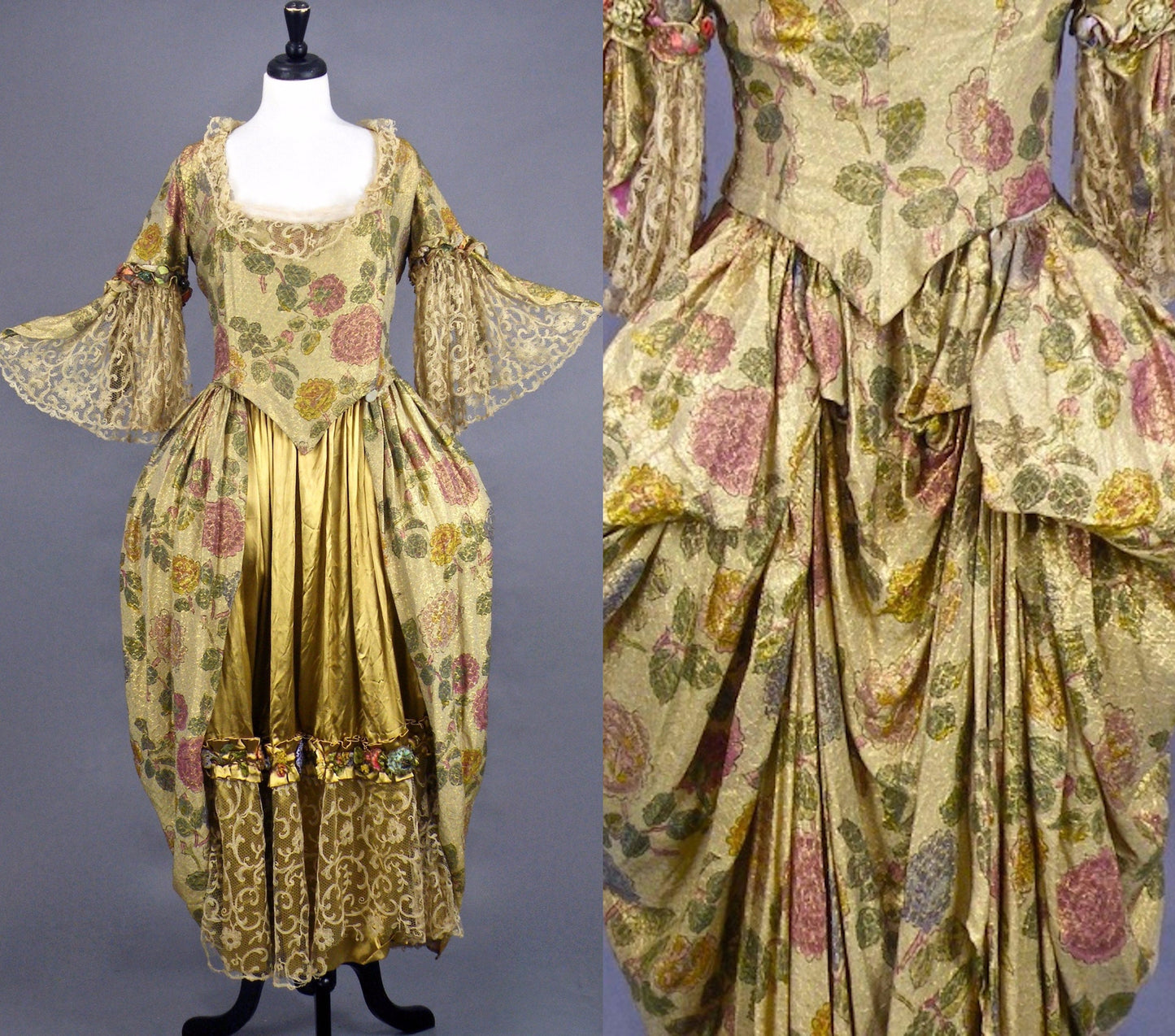Antique 1910s Rococo Revival Evening Gown in Floral Lamé and Liquid Gold Silk with Ribbon Flowers and Lace Bell Sleeves, by Thurn Paris–New York, M - M/L