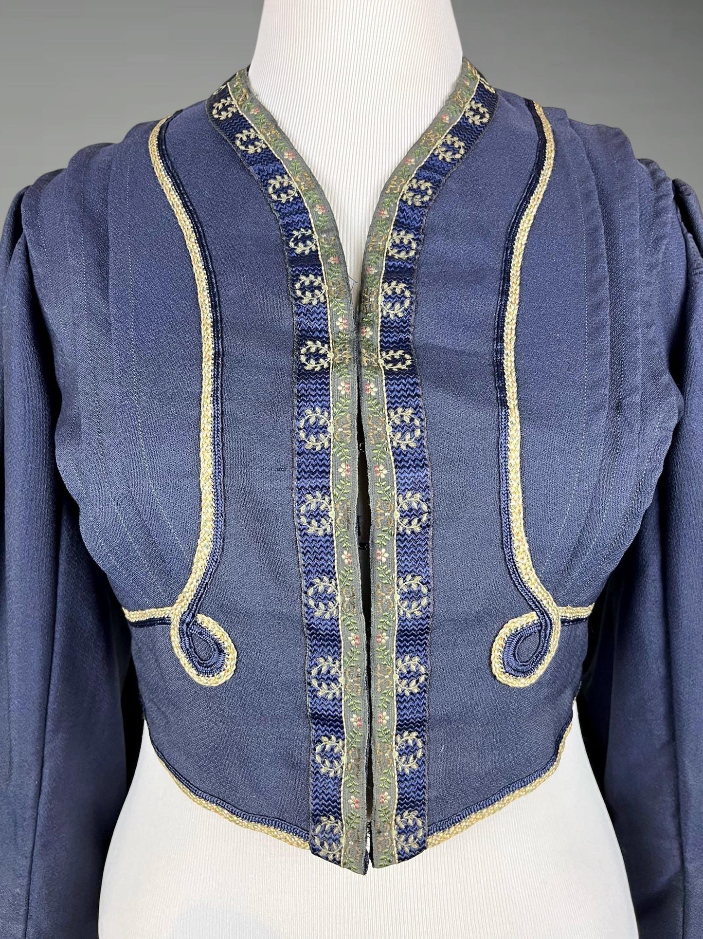 Antique Edwardian 1900s Embroidered Metallic Silk Ribbon Soutache Eton Jacket, Large