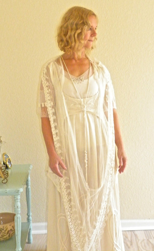 Antique Edwardian Wedding Dress, 1910s–1920s Beaded Silk & Lace Gown, Small