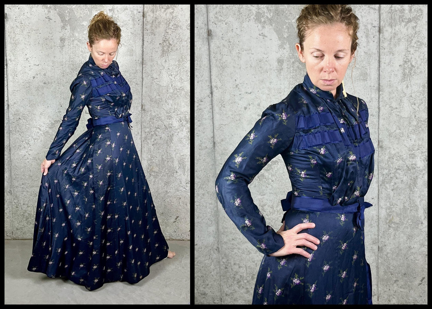 Antique Turn-of-the-Century Floral Silk Gibson Girl Dress Set, Victorian Edwardian Two-Piece, XS