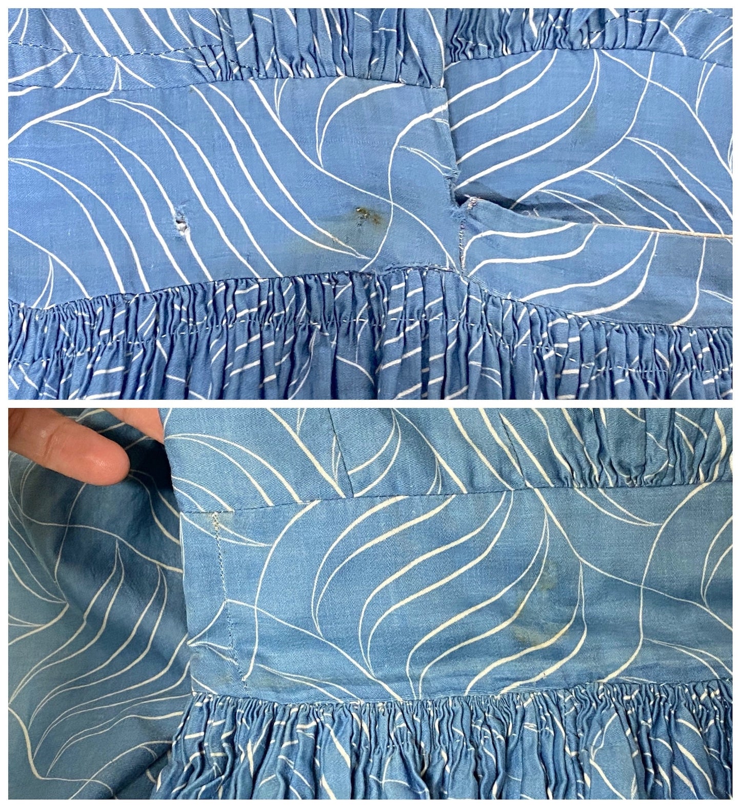 Antique 1900s Victorian Edwardian Blue & White Leaf Print Cotton Sateen Day Dress, XXS