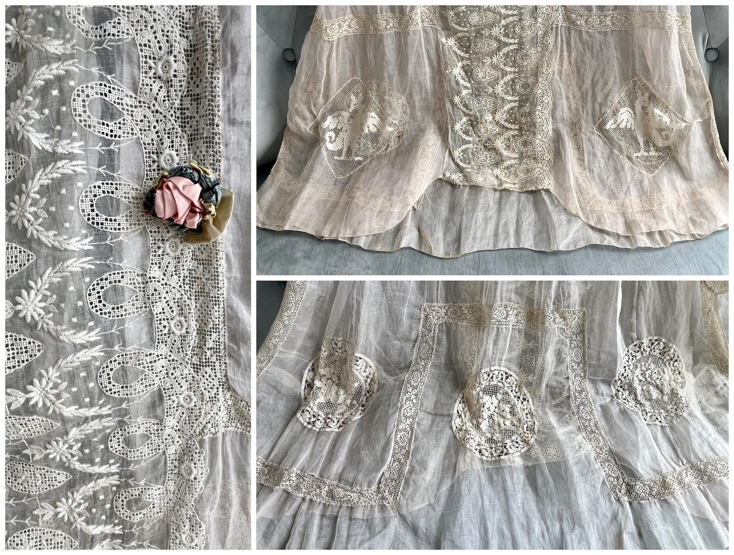 Antique 1910s Pale Blush Organdy Lace Edwardian Bridal Dress with Silk Ribbon Roses, Small