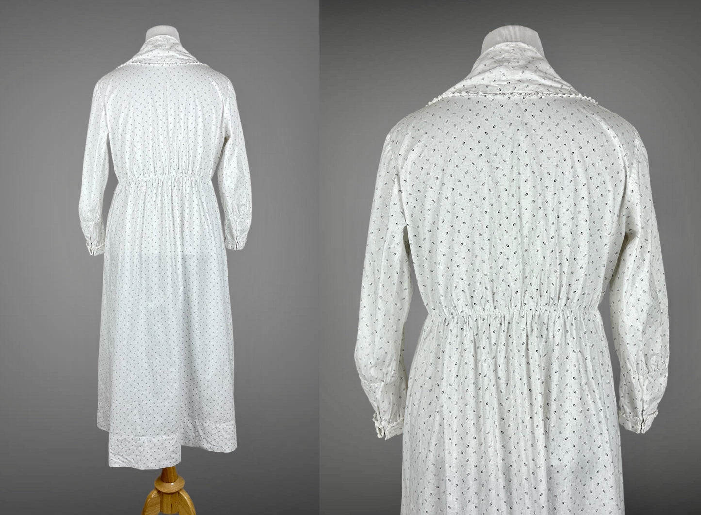 Antique White Calico Dress, 1910s Cotton Day Dress, Size Large