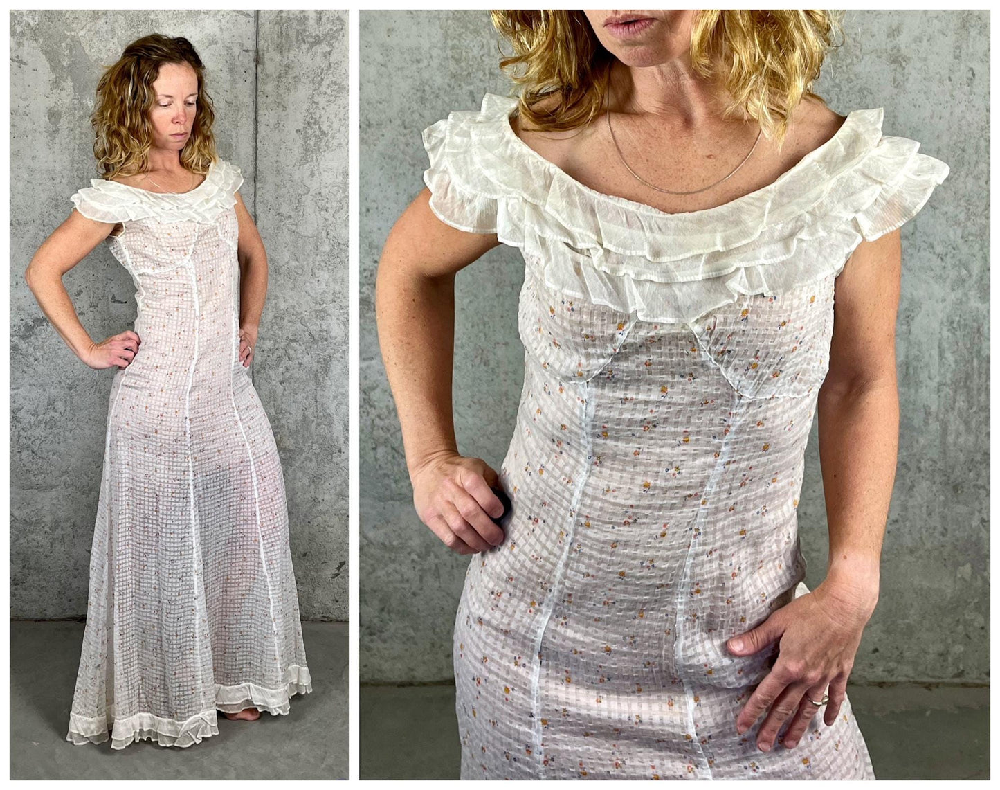 Vintage 1930s Sheer White Cotton Floral Print Bias Cut Dress with Ruffled Collar, XS