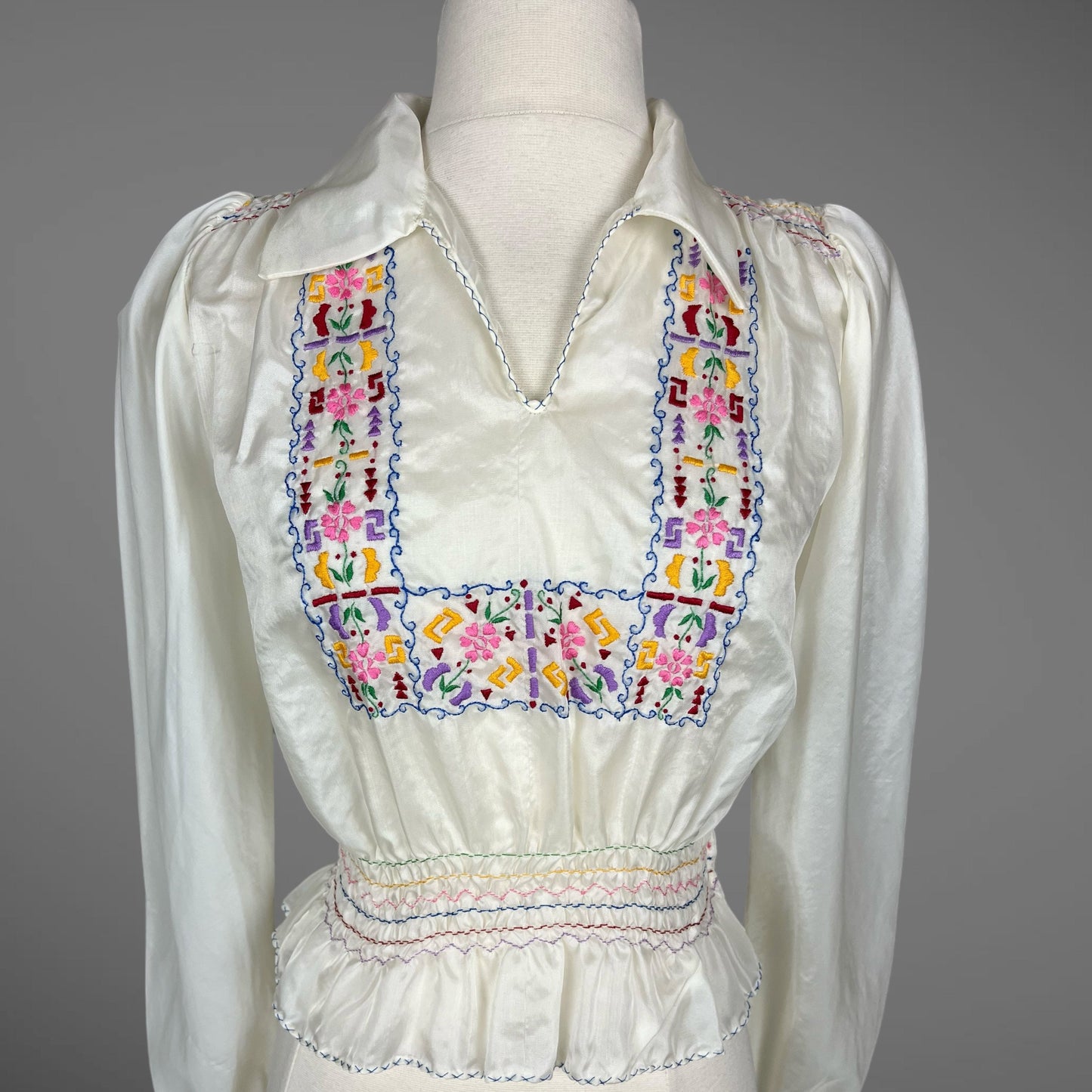 Vintage 1940s Embroidered Peasant Blouse, Parachute-Style Hungarian Folk Top, Small