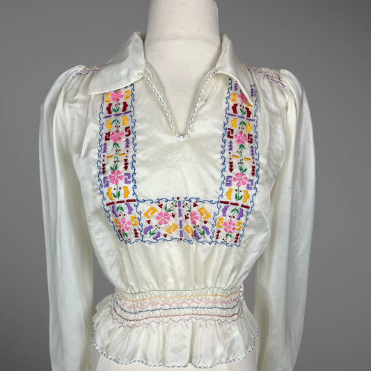 Vintage 1940s Embroidered Peasant Blouse, Parachute-Style Hungarian Folk Top, Small