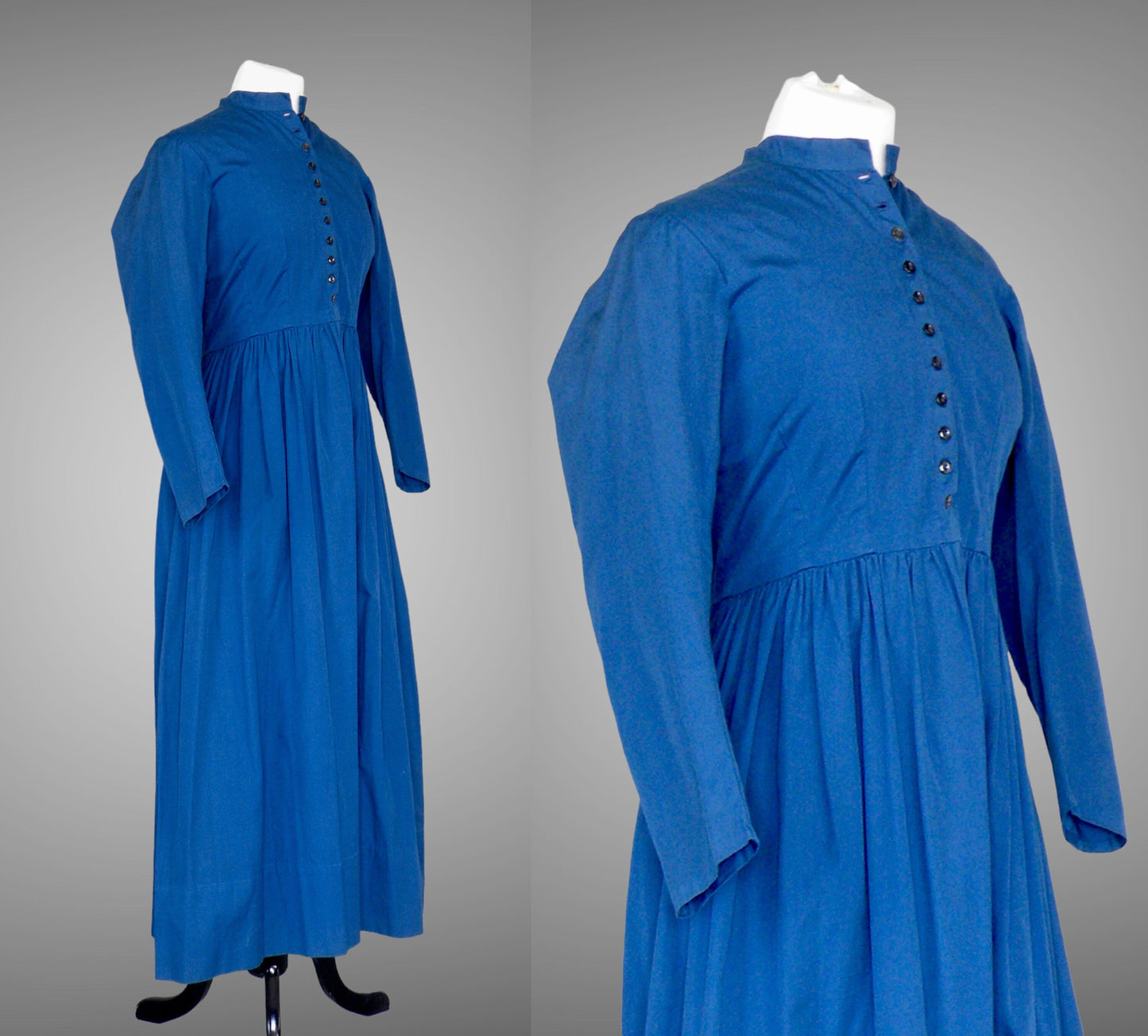 Antique Edwardian 1900s Blue Mennonite Pioneer Dress Set, Split Cape & Apron, Medium 29" Waist