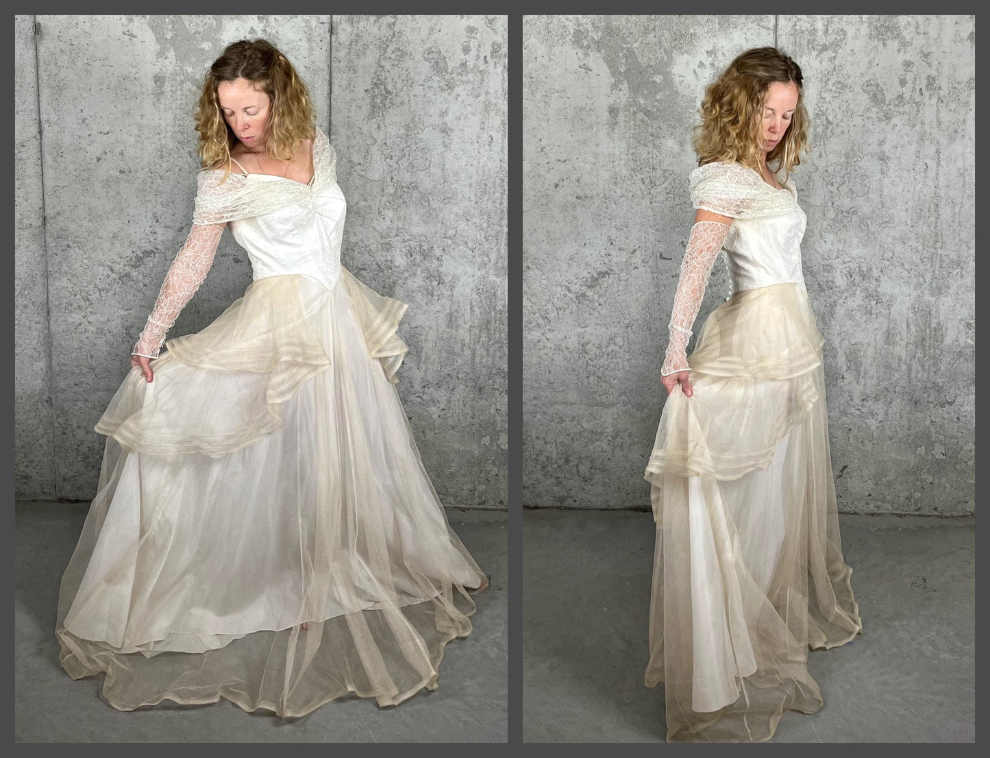 Vintage Late 1930s–1940s Wedding Dress, Satin & Net Lace Bridal Gown with Off-Shoulder Collar, Small