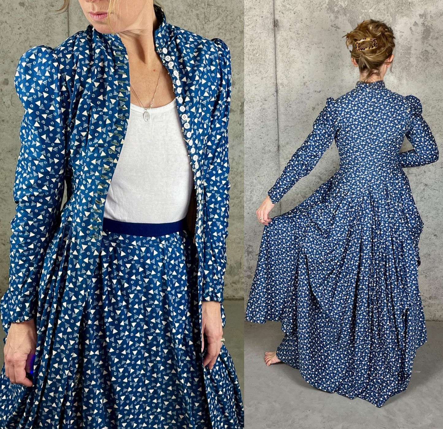 Rare Antique Victorian Polonaise Dress, 1870s–1880s Indigo Printed Cotton Two-Piece Ensemble, XXS