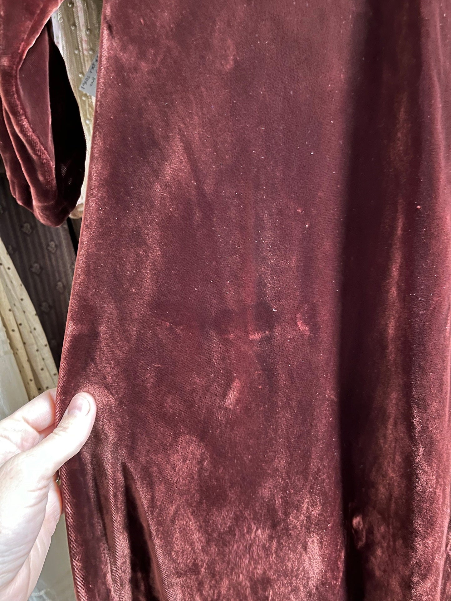 1930s Silk Velvet Dress, Vintage Copper Brown Bias Cut Gown with Cold Shoulders, NRA Label, XS–Small