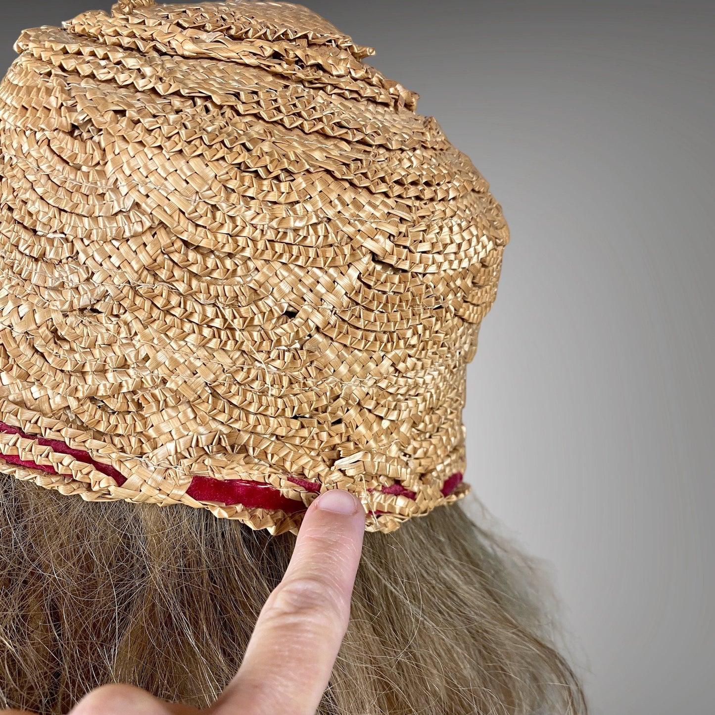 Vintage 1930s Straw Cloche Bucket Hat with Red Velvet Trim