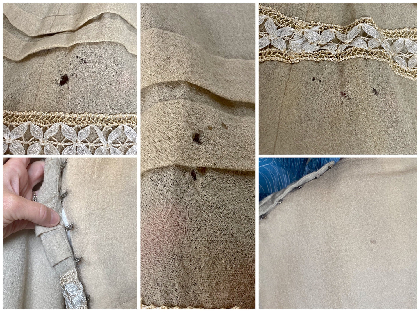 Antique 1900s Edwardian Gibson Girl Dress in Beige Wool, Bishop Sleeves, Pigeon Breast Bodice, XXS