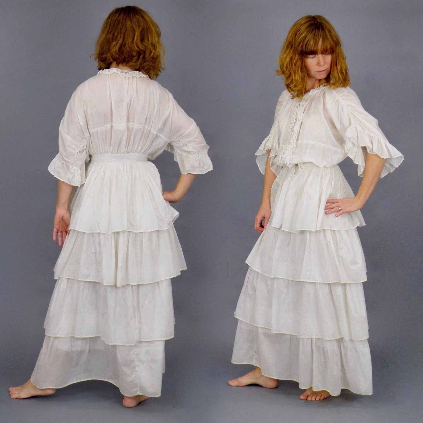 Antique Edwardian 1900s Printed Cotton 2-Piece Dress, Skirt & Tunic Blouse, XXS 23" Waist