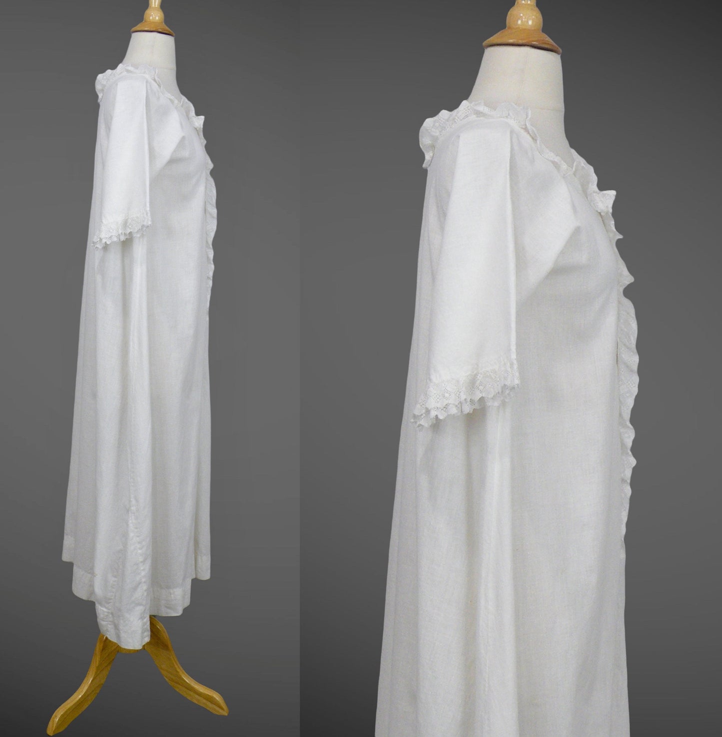 Antique 1900s Victorian Edwardian White Cotton Nightgown with Lace Trim, Small 34" Bust