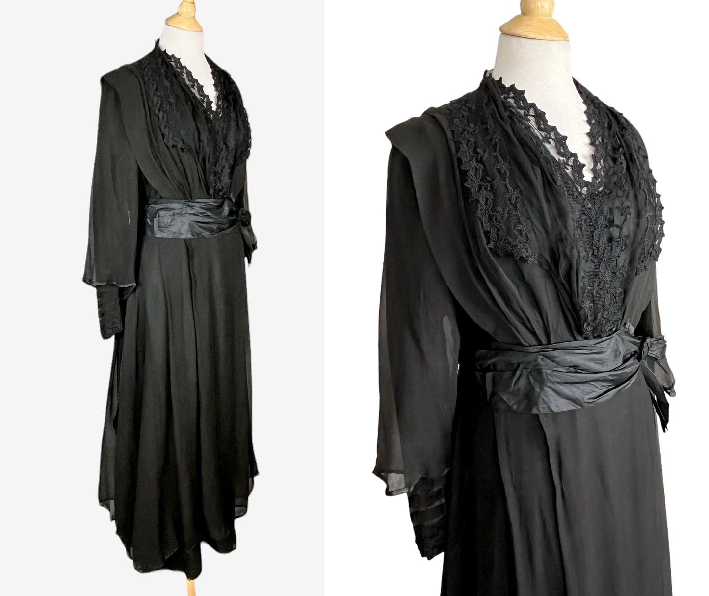 Antique Edwardian 1910s Black Silk Chiffon Embroidered Net Dress with Tiered Sleeves, Medium