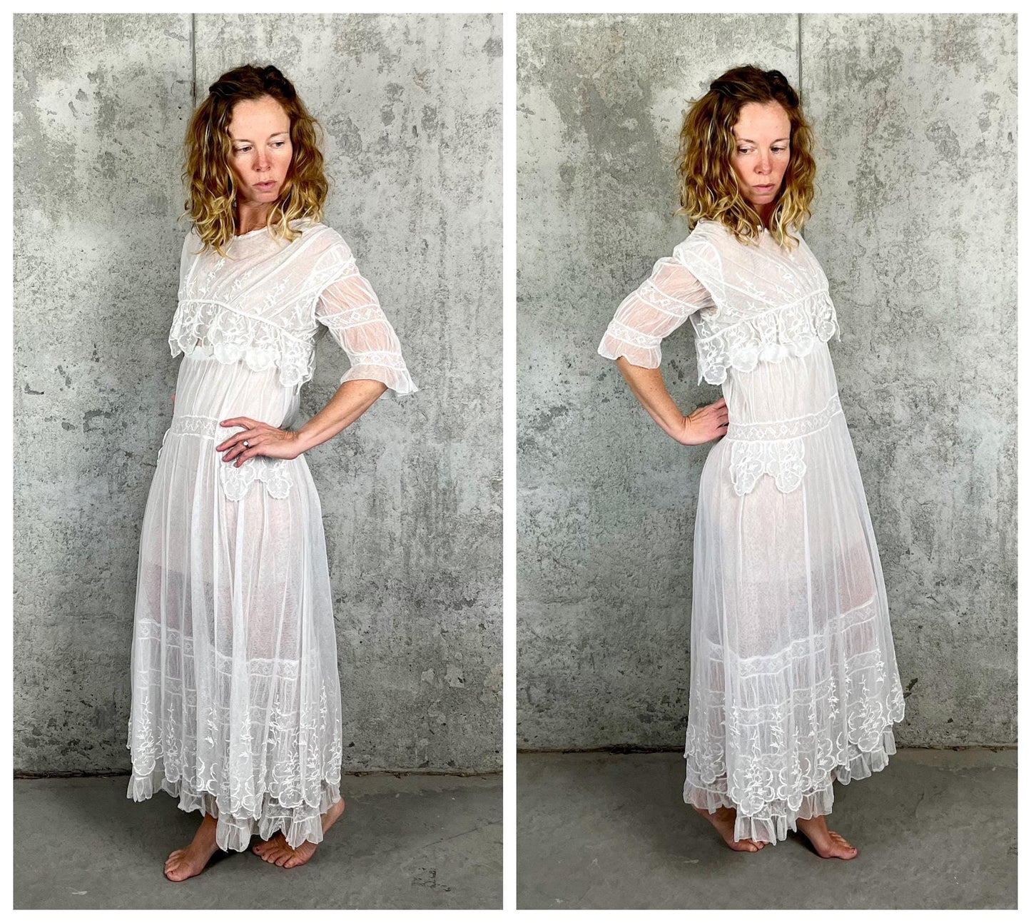 Antique Edwardian 1910s White Net Lace Embroidered Tea Gown, XS