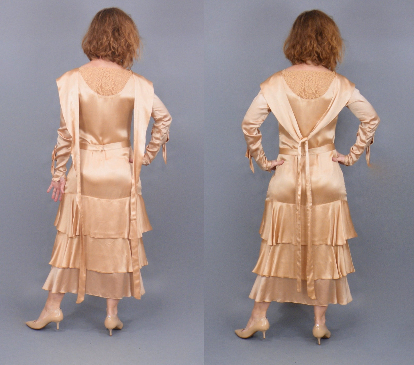 Vintage Late 1920s–Early 1930s Rose Gold Satin & Lace Tiered Evening Dress with Bow-Tie Sleeves, XS
