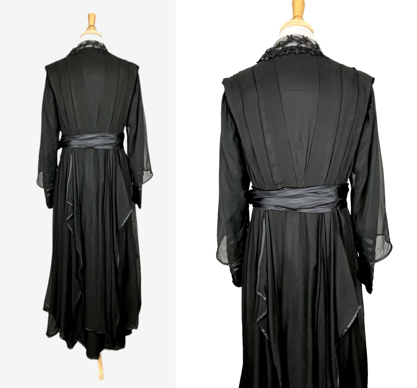 Antique Edwardian 1910s Black Silk Chiffon Embroidered Net Dress with Tiered Sleeves, Medium