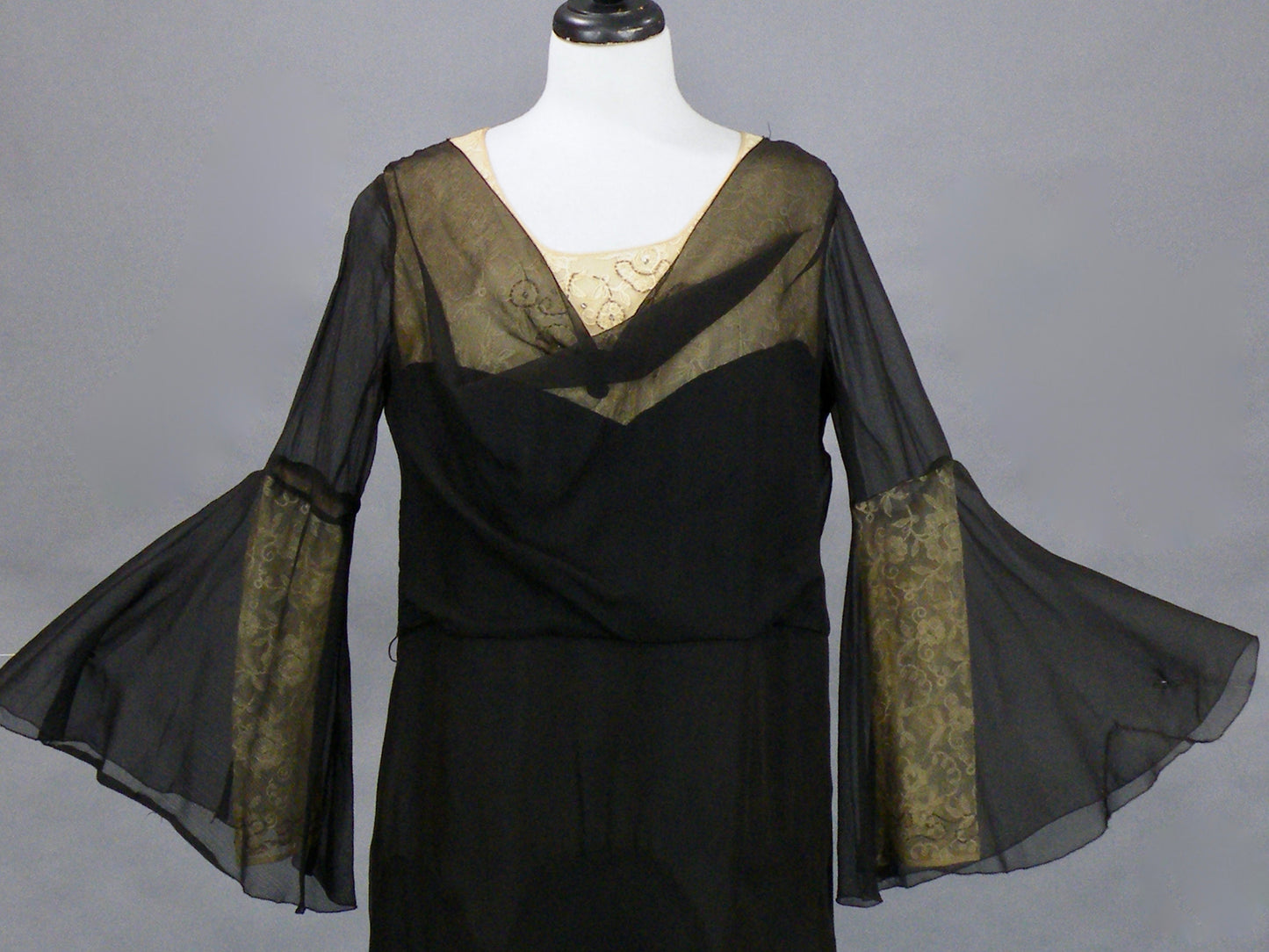 Vintage Late 1920s–1930s Sheer Black Silk Lace Bell Sleeve Art Deco Dress, Large