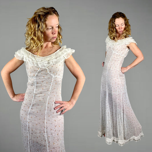 Vintage 1930s Sheer White Cotton Floral Print Bias Cut Dress with Ruffled Collar, XS