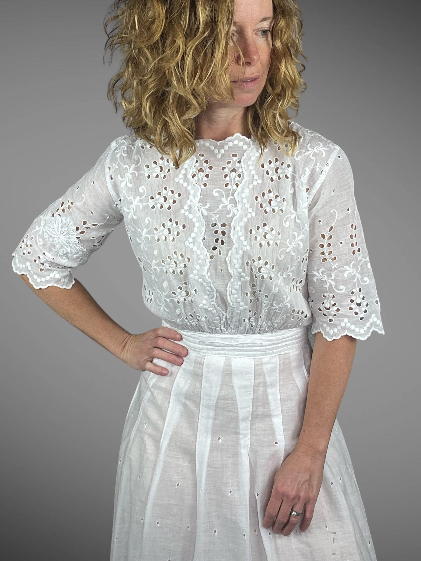 Antique 1910s White Cotton Eyelet Dress, XS