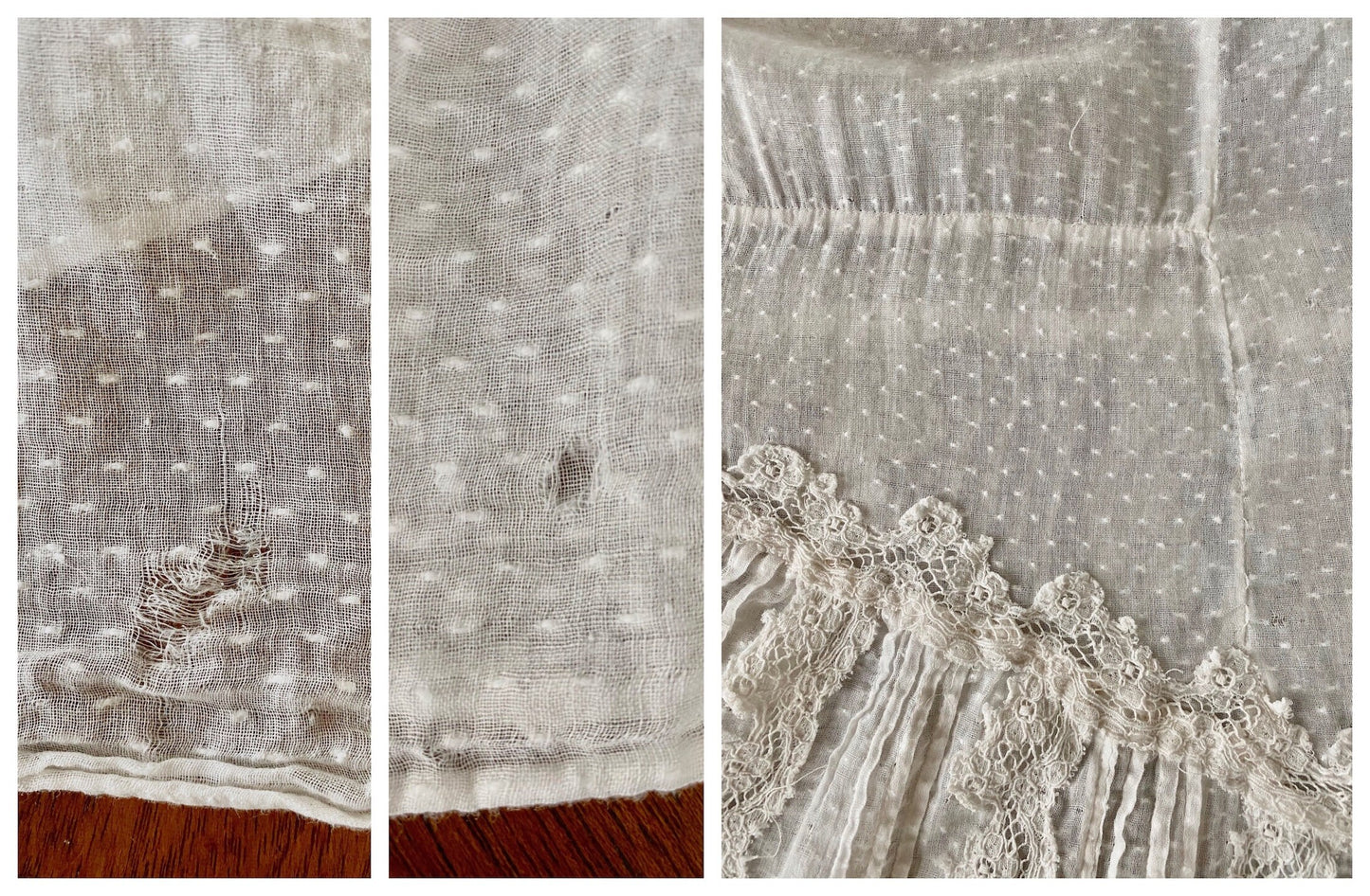 Antique Edwardian 1900s Gibson Girl White Cotton Swiss Dot Lace Dress, 2-Piece, XXS - XS