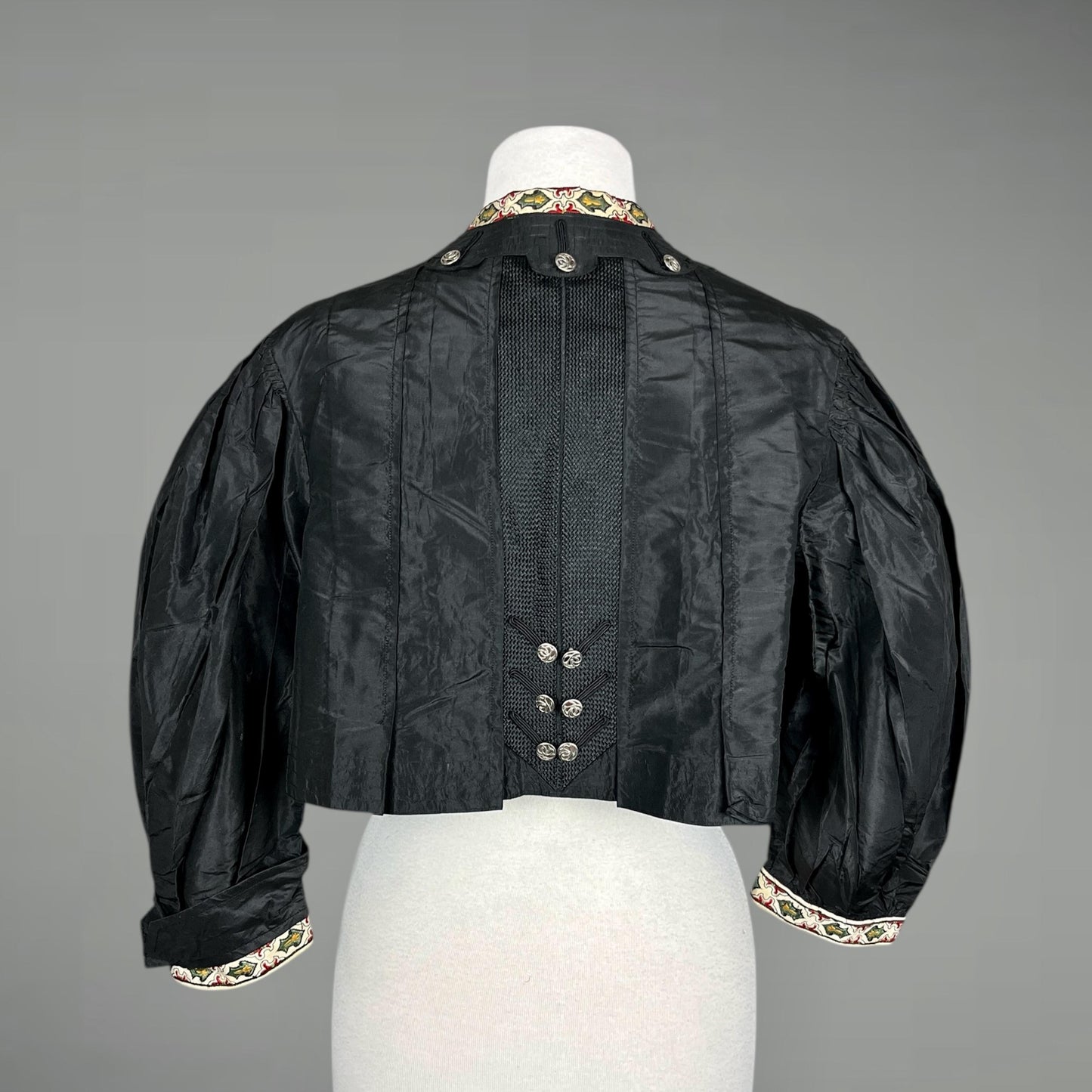 Antique 1900s Edwardian Black Silk Eton Jacket with Embroidered Trim, Folk-Influenced Historic Costume, M–L