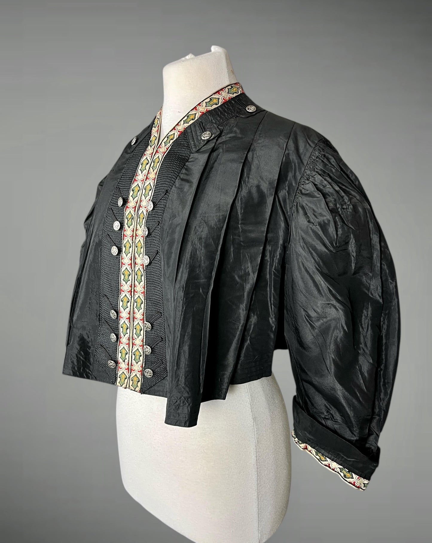 Antique 1900s Edwardian Black Silk Eton Jacket with Embroidered Trim, Folk-Influenced Historic Costume, M–L