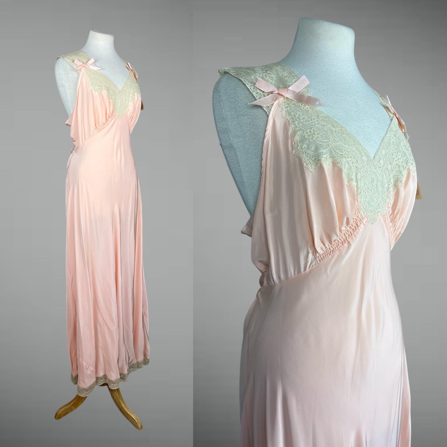 Vintage 1940s Pink Rayon Satin Nightgown, NOS Luxite Holeproof Bias-Cut Slip with Lace Bodice & Bows, M–L