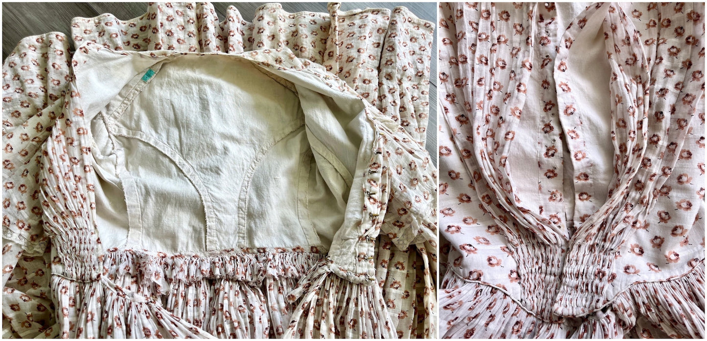Antique 1850s Victorian Printed Rosebud Cotton Dress with Pagoda Sleeves & Fan Front, XS