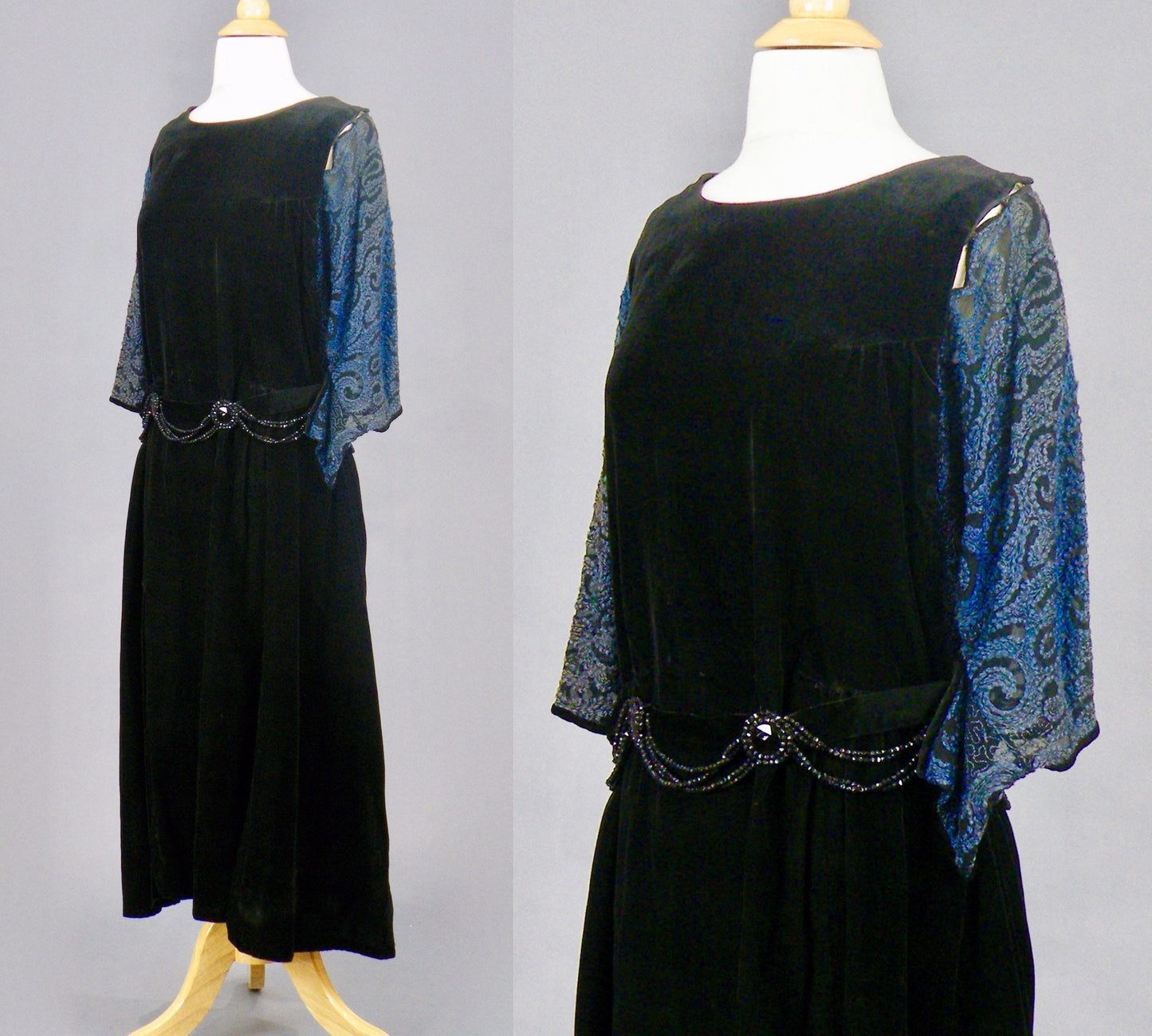 Antique Late 1910s–1920s Velvet Embroidered Flapper Dress with Sheer Sleeves, S–M