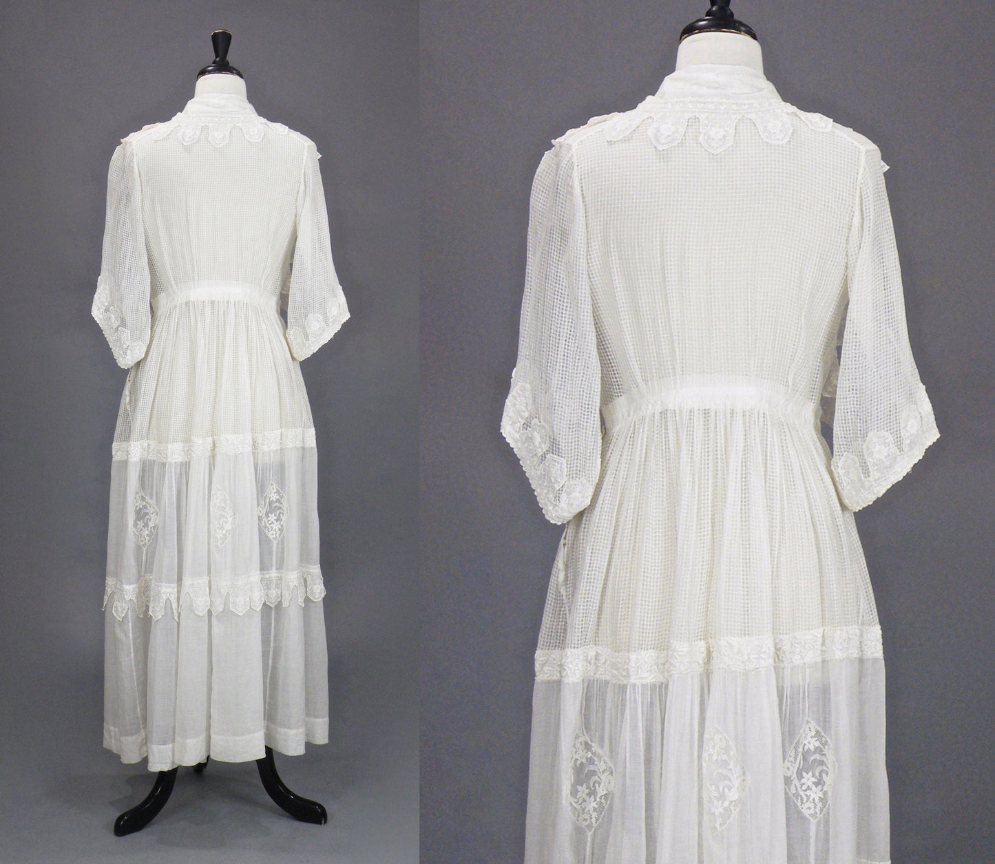 Antique Edwardian 1910s Sheer White Cotton Lingerie Dress with Embroidery, Medium 28" Waist