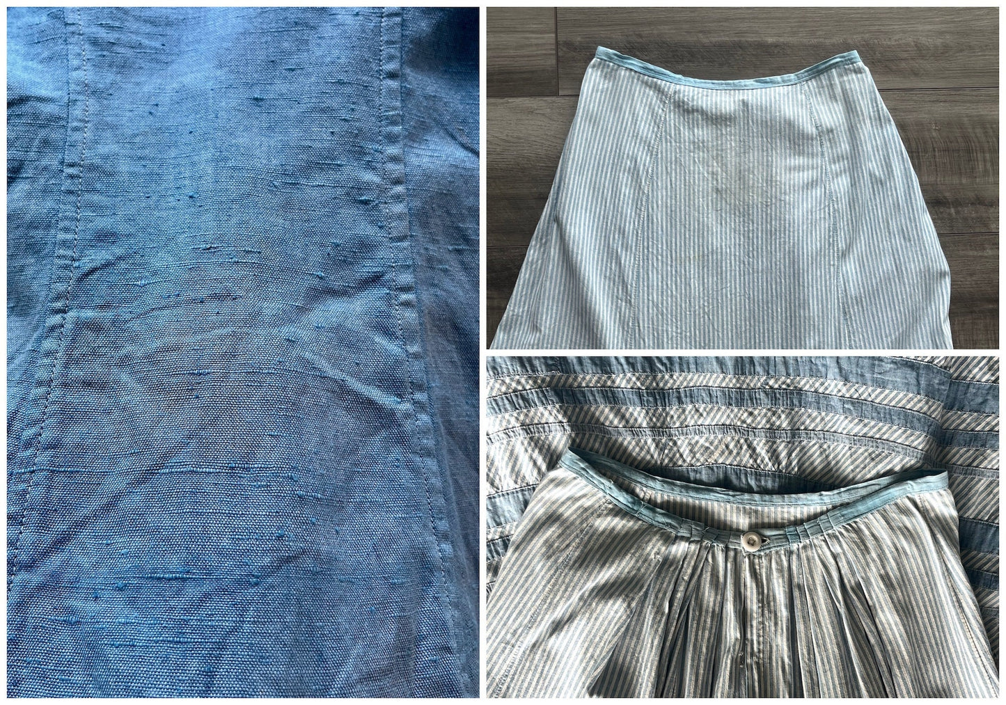 Antique c. 1900–1905 Edwardian Walking Suit, Blue Linen Jacket & Striped Cotton Skirt, XS/S