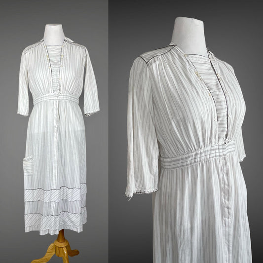 Antique 1910s Gray Striped Cotton Work Dress, Large