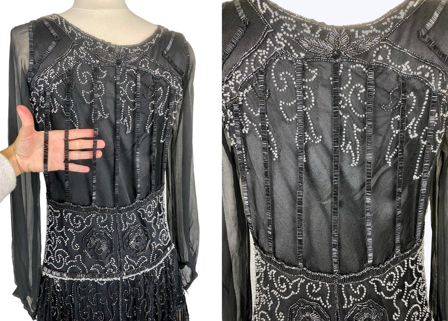 Vintage 1920s Art Deco Beaded Dress, XS–Small